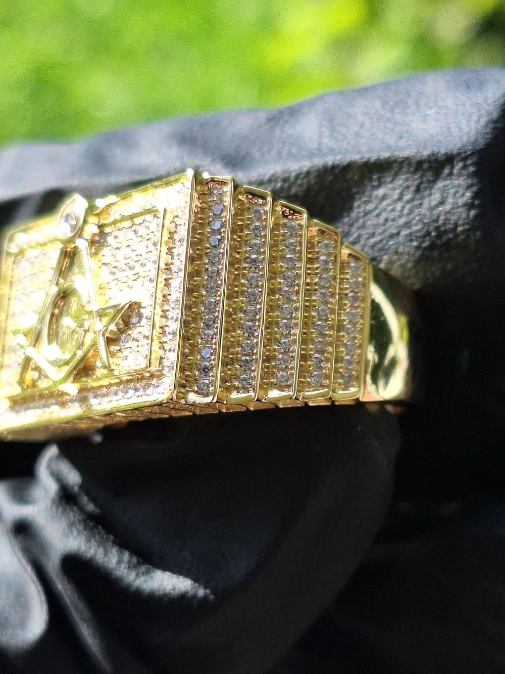 Gold Over 925 Sterling Silver Size 13 Masonic Cubiz Zirconia Ring
